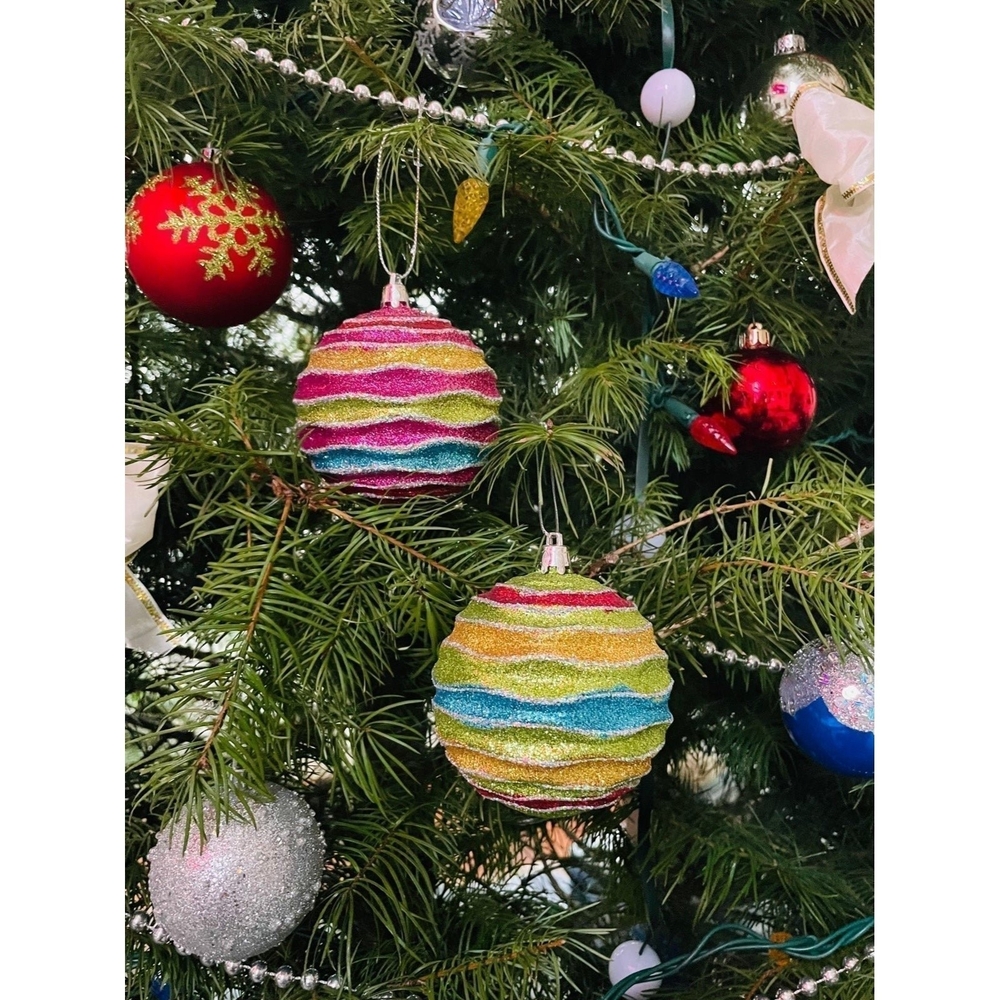Pair Christmas Ball Ornaments Glitter Multicolor Horizontal Wave 4”